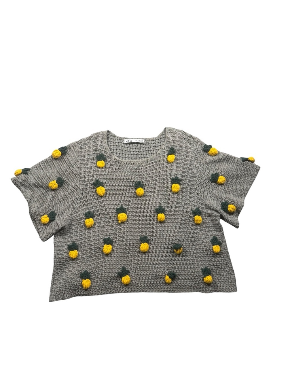 Zara Medium 100% Cotton Gray Knit Pineapple Appliqué Top Summer Spring Teacher